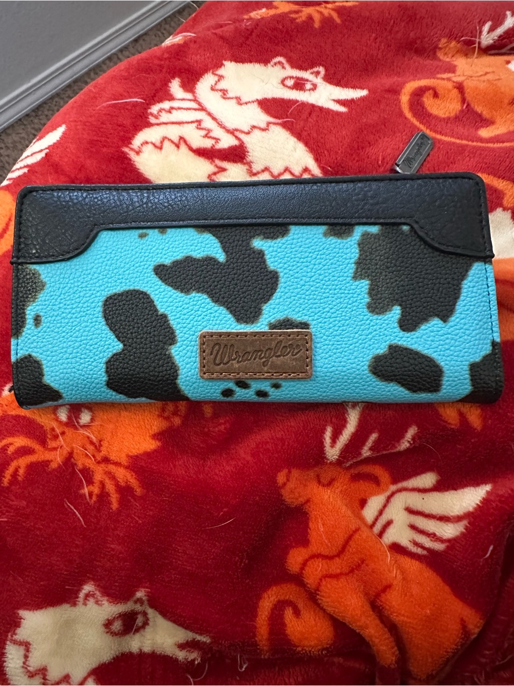 Wrangler Turquoise and Black Cowprint Wallet with Brown Logo Patch
